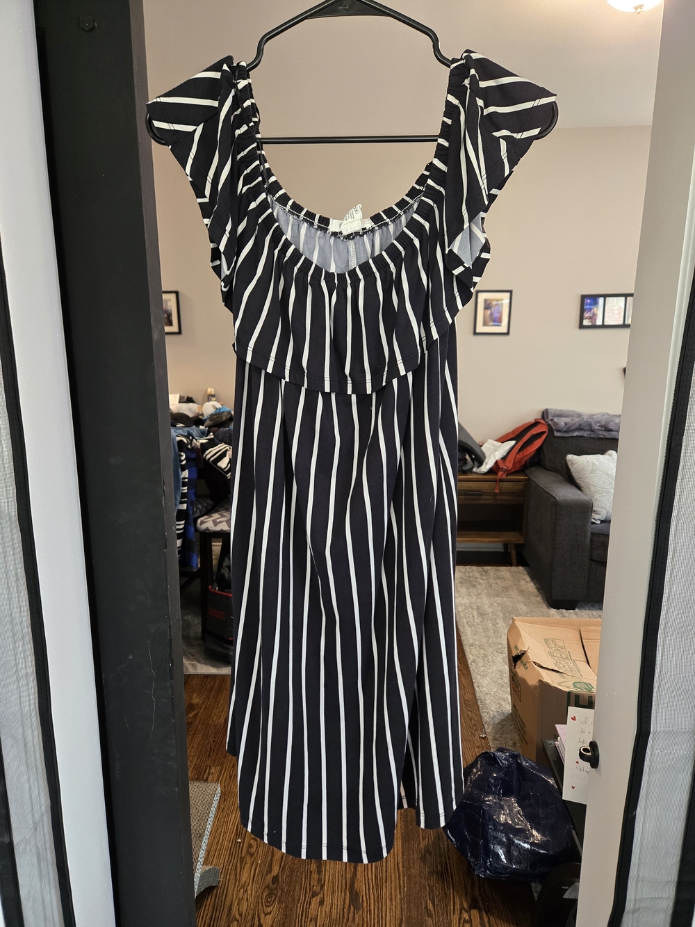 Striped Ruffle Sleeve Midi Dress - Black & White